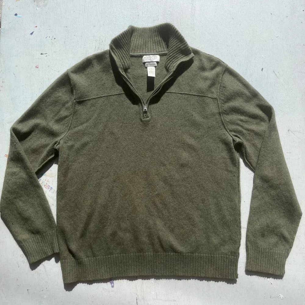 Men's Banana Republic Sweater Green Solid L Preppy Luxury Cashmere Zip HOLE City